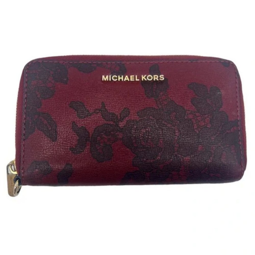 🔴FIRM Michael Kors Red w/ Black Floral Design Zip Wallet 7x4